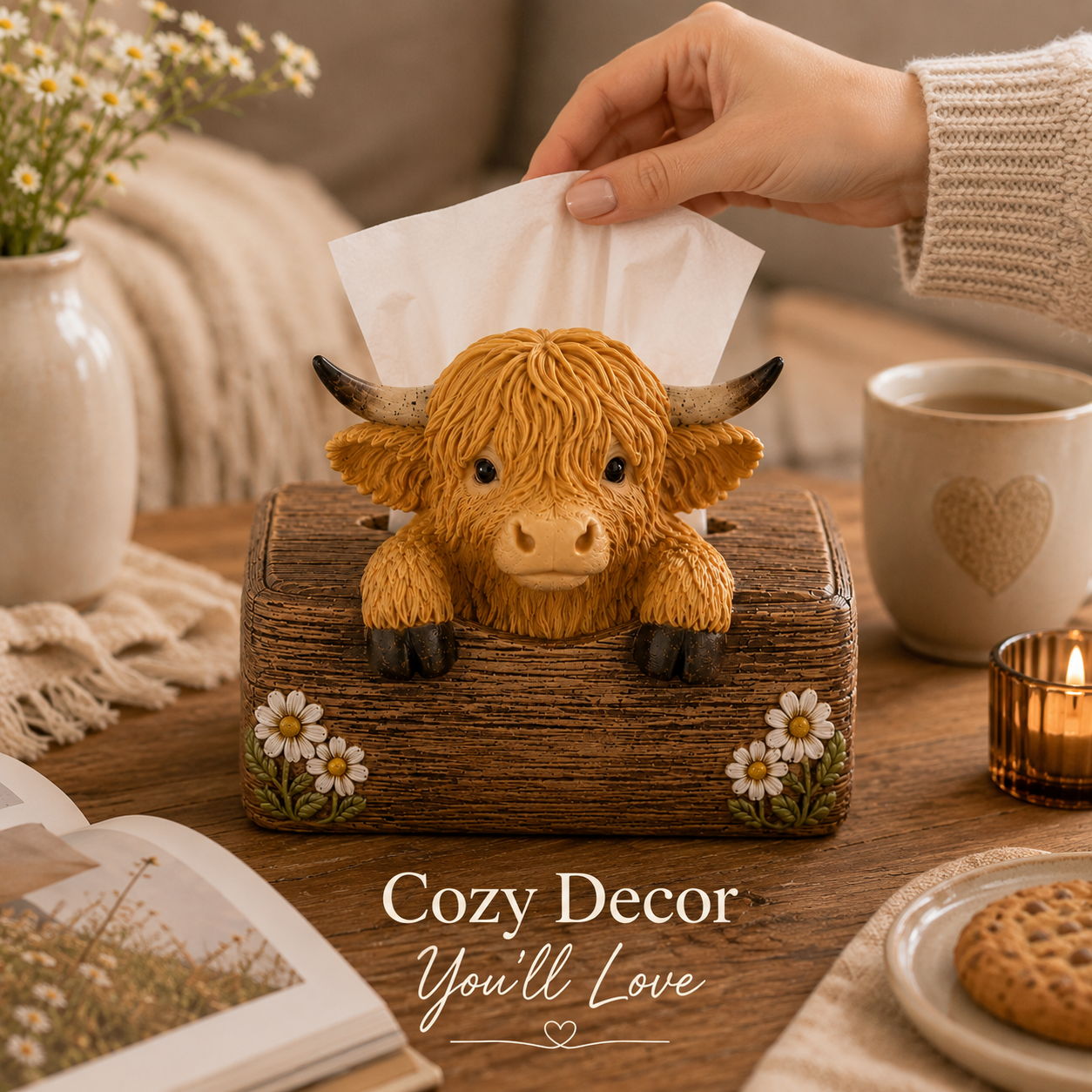Adorable Highland Cow Farmhouse Collection – Salt & Pepper Holder or Tissue Box Cover
