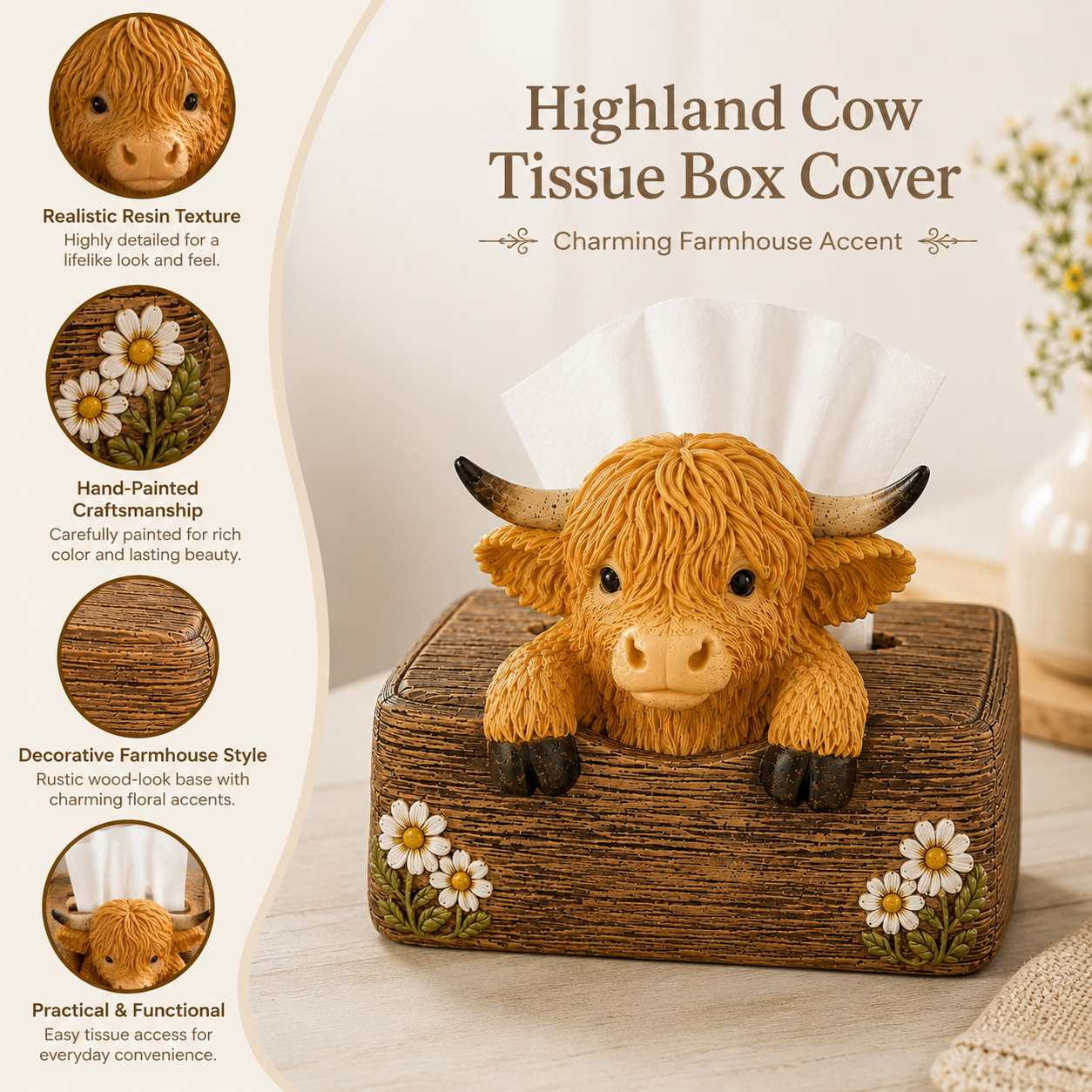Adorable Highland Cow Farmhouse Collection – Salt & Pepper Holder or Tissue Box Cover