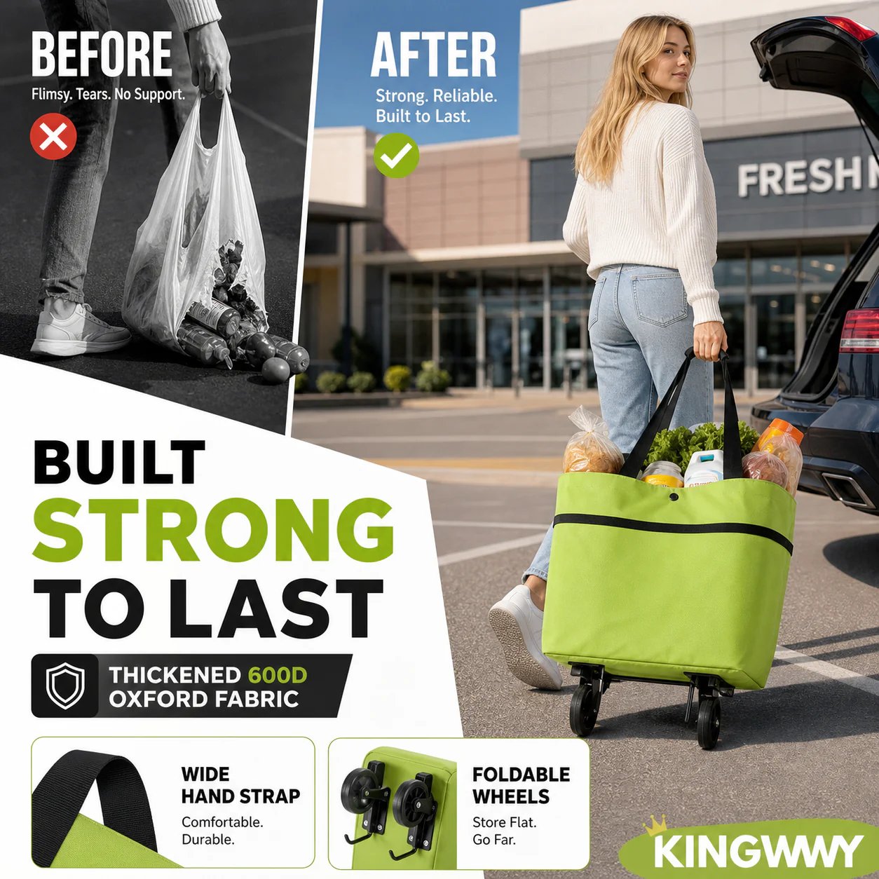 2-in-1 Foldable Rolling Shopping Tote