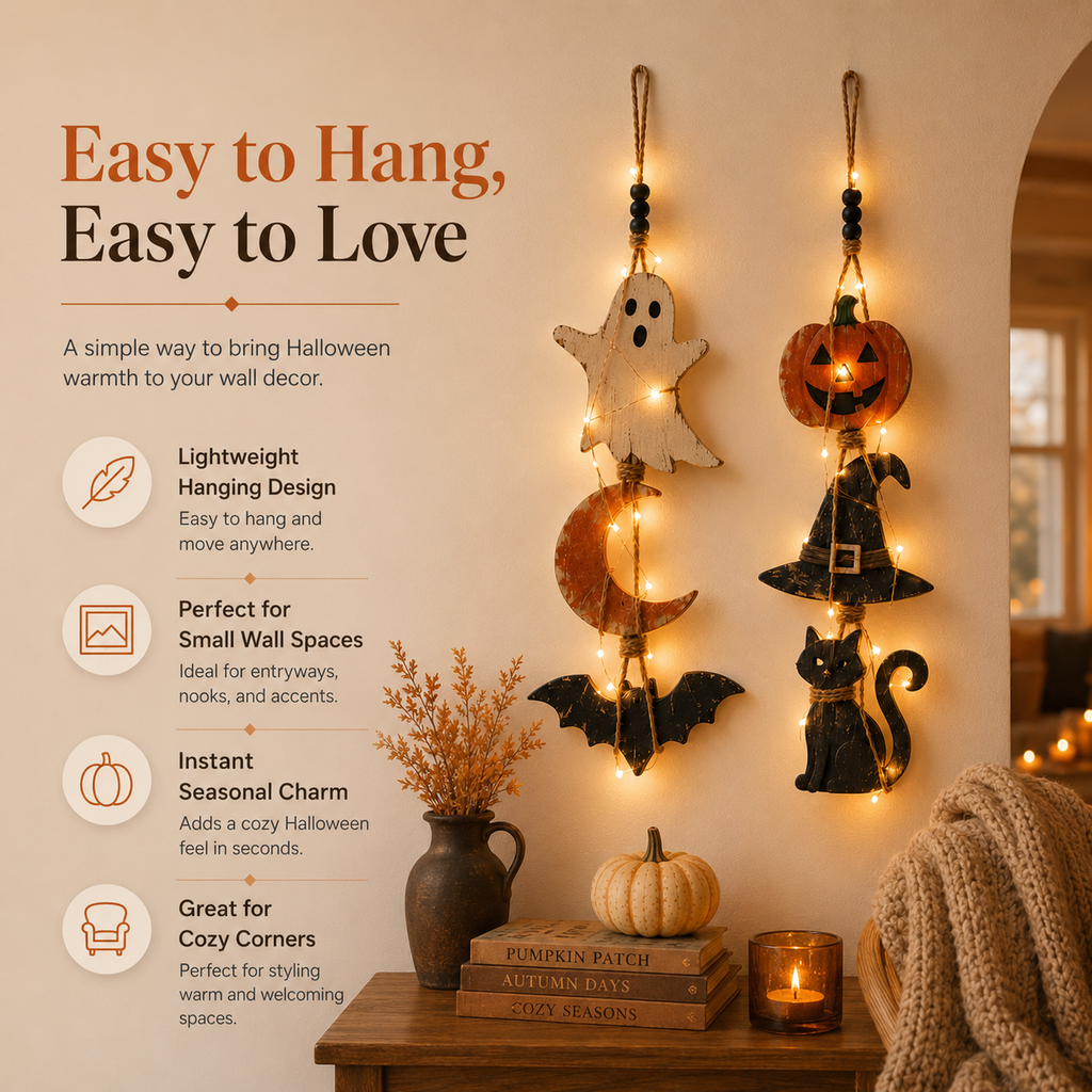Lighted Halloween Hanging Wall Decor Set of 2 – Ghost Moon Bat & Pumpkin Witch Hat Cat