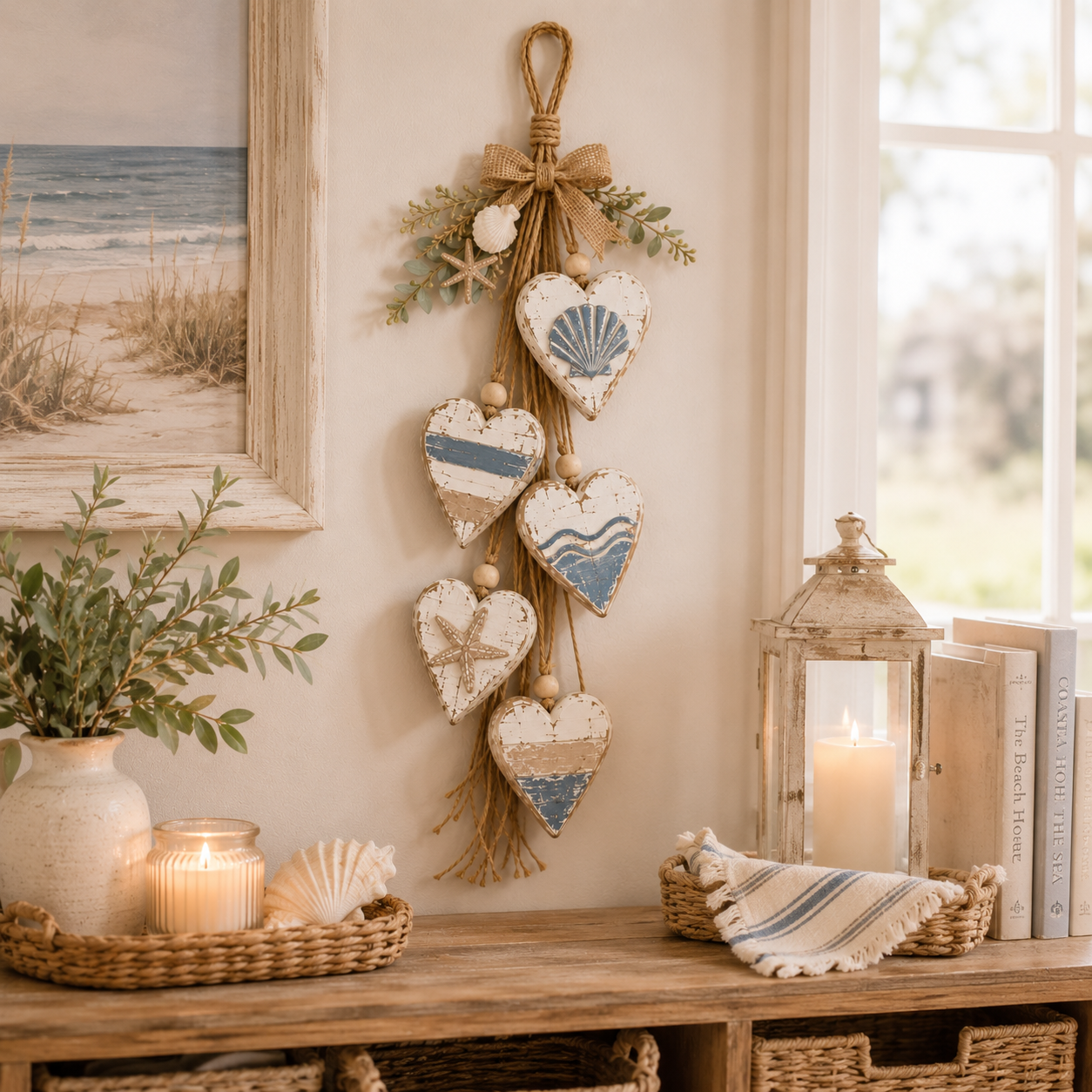 Five-Heart Hanging Wall Decor – Rustic Farmhouse & Coastal Styles