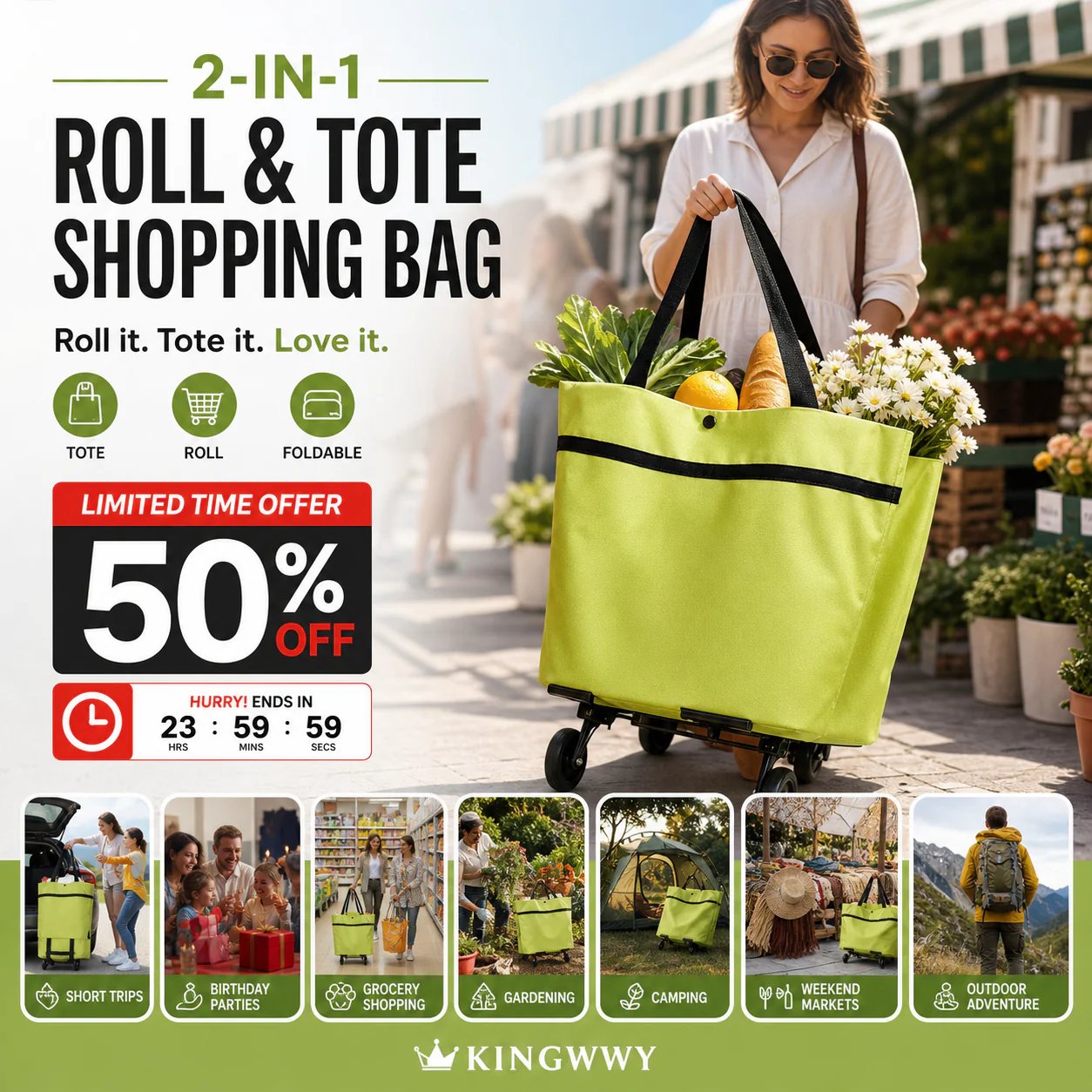 2-in-1 Foldable Rolling Shopping Tote